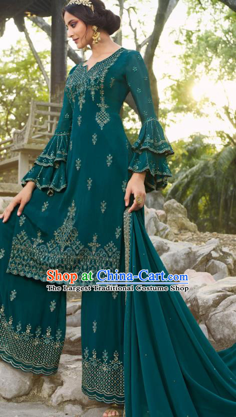 Asian India National Punjab Costumes Asia Indian Traditional Embroidered Deep Green Dress Sari and Loose Pants for Women