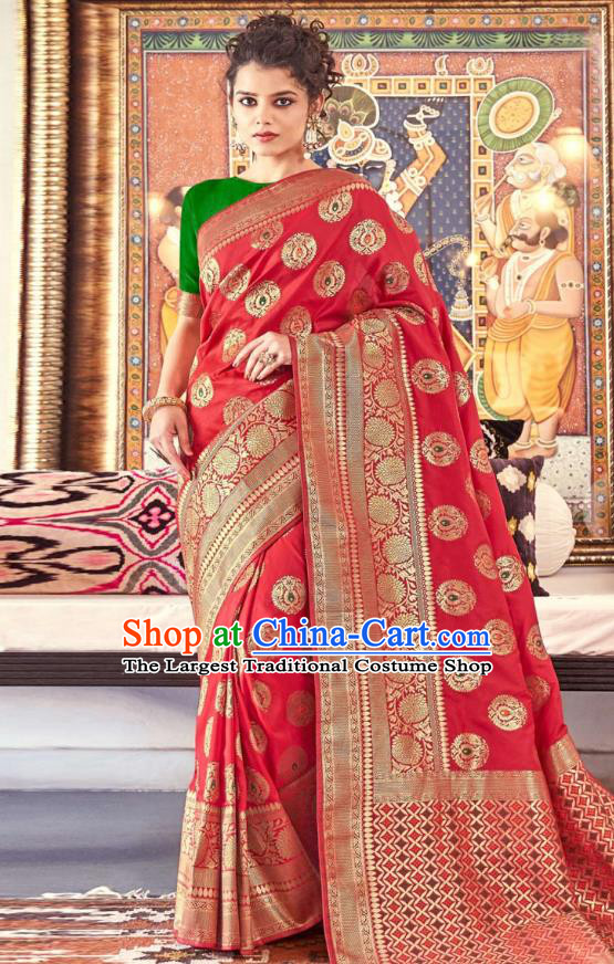 Asian India National Saree Costumes Asia Indian Bride Traditional Green Blouse and Red Silk Sari Dress for Women