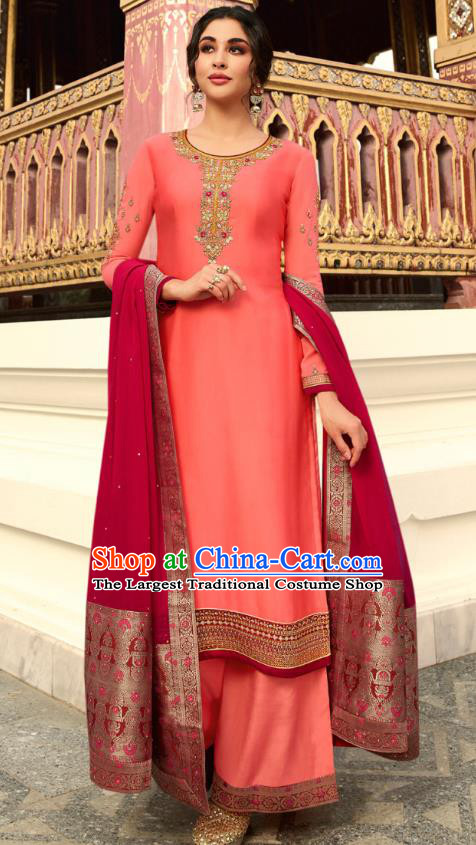 Asian India National Court Punjab Costumes Asia Indian Traditional Embroidered Peach Pink Satin Blouse Sari and Loose Pants for Women