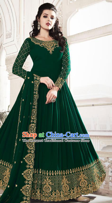 Asian India National Dance Punjab Costumes Asia Indian Traditional Embroidered Deep Green Faux Georgette Dress and Loose Pants Sari for Women