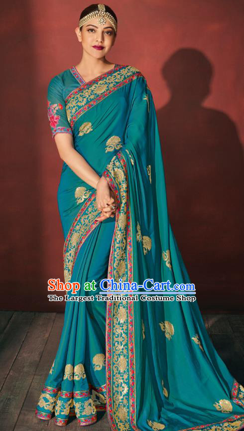 Asian India National Dance Lake Blue Silk Saree Asia Indian Traditional Costumes Court Princess Bollywood Blouse and Sari Dress for Women