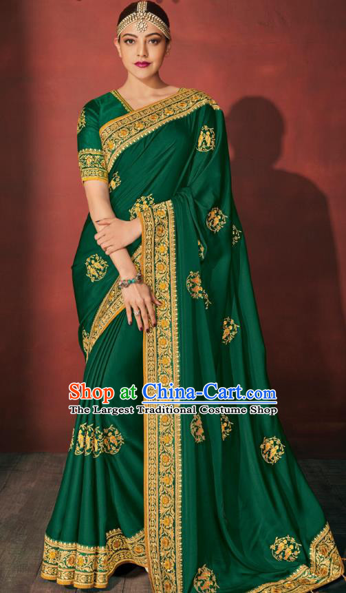 Asian India National Dance Green Silk Saree Asia Indian Traditional Costumes Court Princess Bollywood Blouse and Sari Dress for Women