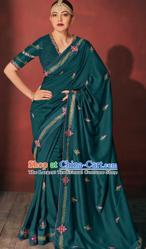 Asian India Bollywood National Dance Teal Silk Saree Asia Indian Traditional Court Princess Blouse and Sari Dress Costumes for Women