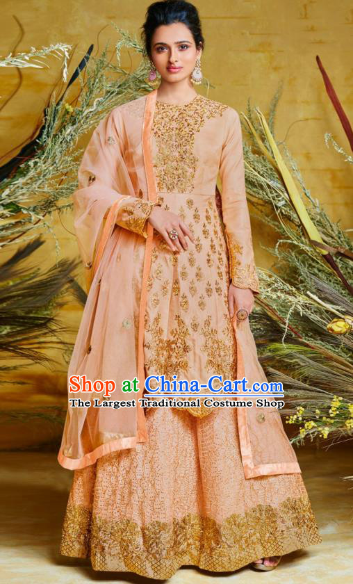 Asian India National Bollywood Punjab Costumes Asia Indian Traditional Dance Embroidered Peach Pink Crepe Blouse and Skirt Sari Full Set