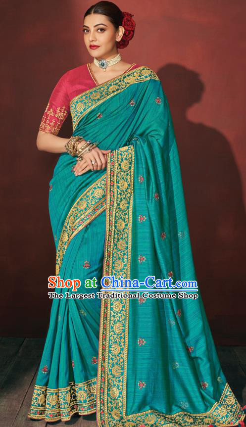 Asian India Bollywood National Dance Aqua Blue Silk Saree Asia Indian Traditional Court Princess Blouse and Sari Dress Costumes for Women
