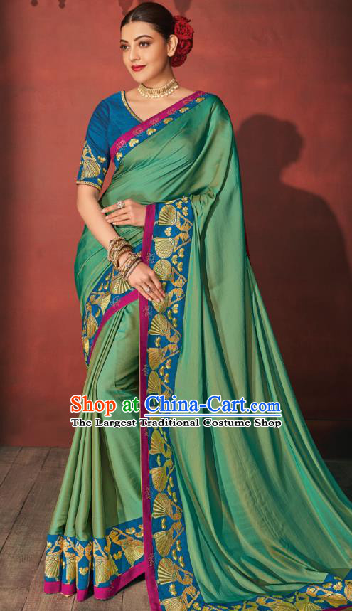 Asian India Bollywood National Dance Green Silk Saree Asia Indian Traditional Court Princess Blouse and Sari Dress Costumes for Women