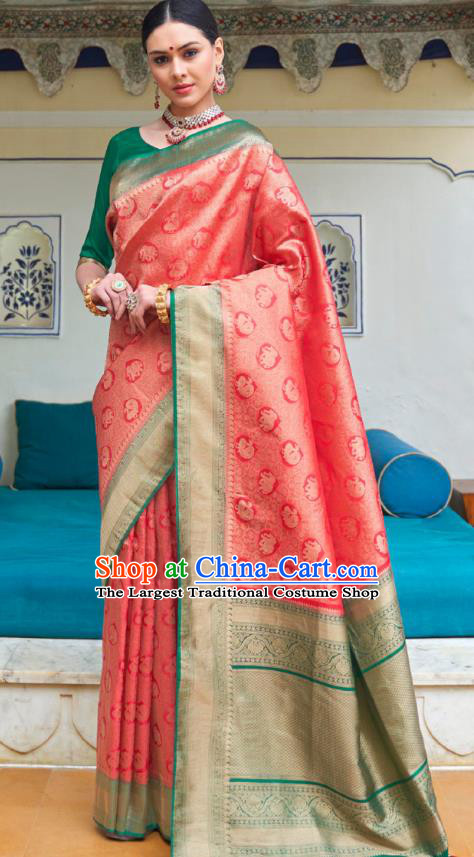Asian India Bollywood Peach Pink Silk Saree Asia Indian Traditional Court Princess Blouse and Sari Dress National Dance Costumes for Women
