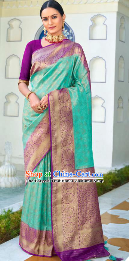 Asian India Bollywood Sea Green Silk Saree Asia Indian Traditional Court Princess Blouse and Sari Dress National Dance Costumes for Women
