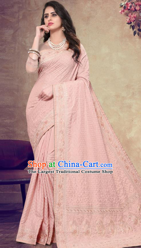 Asian India Festival Bollywood Pink Georgette Saree Dress Asia Indian National Dance Costumes Traditional Court Princess Blouse and Sari Full Set
