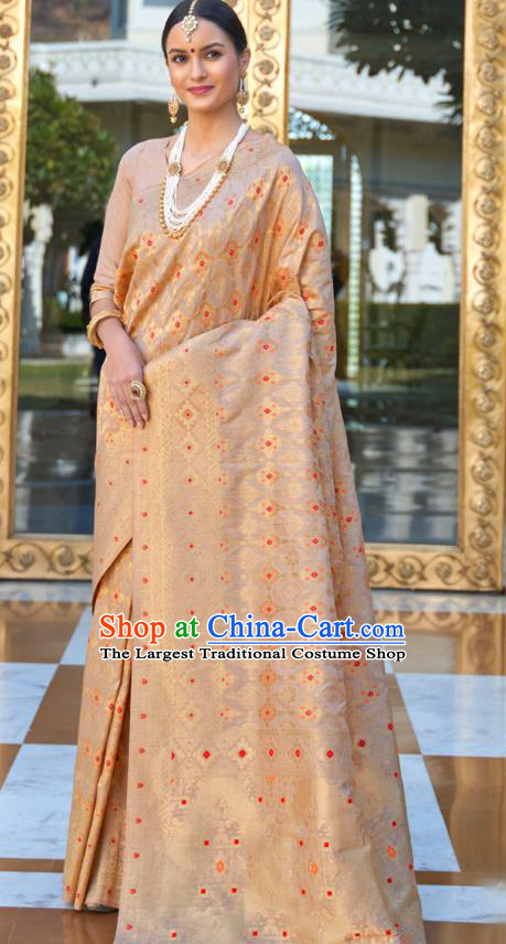 Asian India Festival Bollywood Beige Silk Saree Asia Indian National Dance Costumes Traditional Court Princess Blouse and Sari Dress for Women