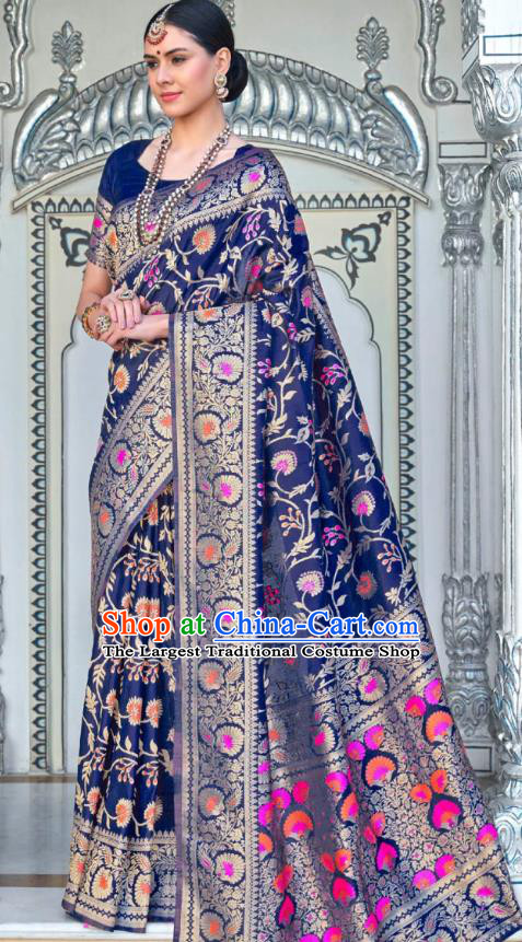 Asian India Festival Bollywood Navy Blue Silk Saree Asia Indian National Dance Costumes Traditional Court Princess Blouse and Sari Dress for Women