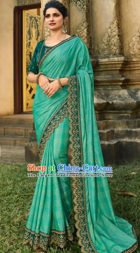 Asian India National Wedding Sea Green Silk Saree Costumes Asia Indian Bride Traditional Blouse and Embroidered Sari Dress for Women