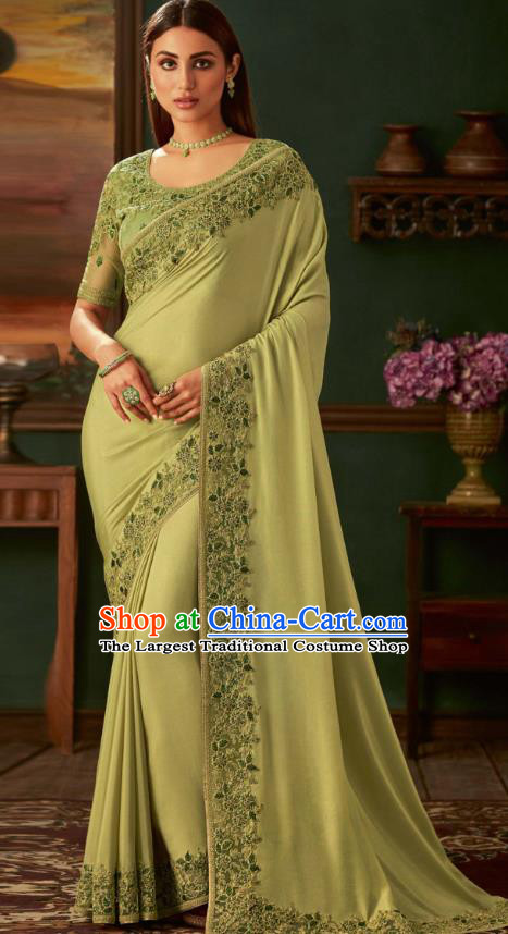 Asian India Bollywood Light Green Silk Saree Dress Asia Indian National Festival Dance Costumes Traditional Court Female Blouse and Sari Full Set