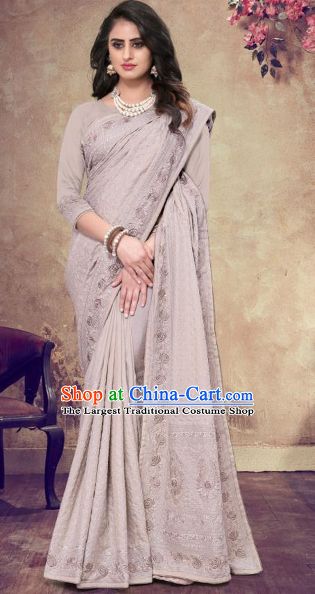 Asian India Festival Bollywood Grey Georgette Saree Dress Asia Indian National Dance Costumes Traditional Court Princess Blouse and Sari Full Set