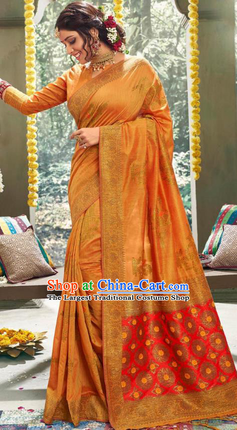 Asian India National Bollywood Orange Silk Saree Costumes Asia Indian Bride Traditional Blouse and Sari Dress for Women