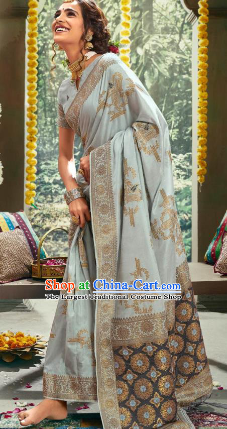 Asian India National Bollywood Gray Silk Saree Costumes Asia Indian Bride Traditional Blouse and Sari Dress for Women