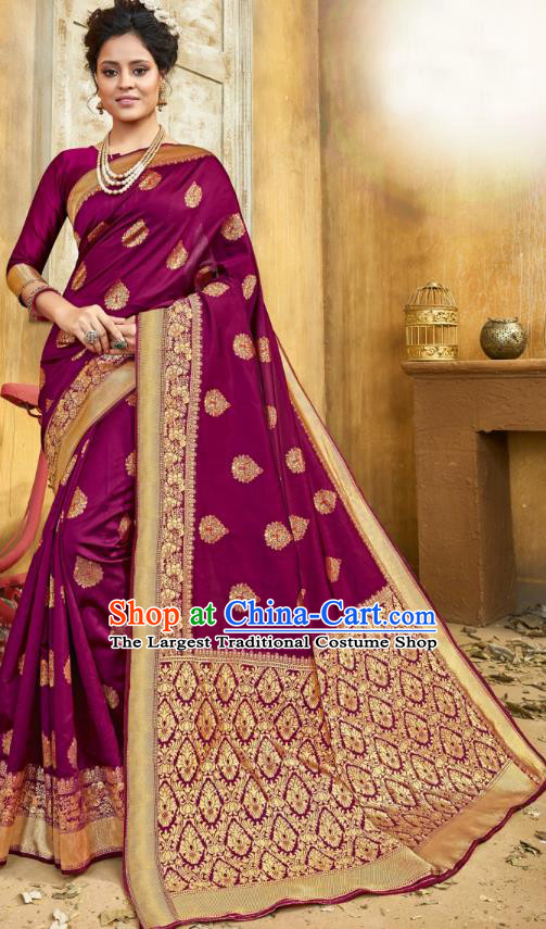 Asian India National Bollywood Purple Silk Saree Costumes Asia Indian Princess Traditional Blouse and Sari Dress for Women