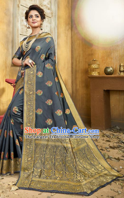 Asian India National Bollywood Grey Silk Saree Costumes Asia Indian Princess Traditional Blouse and Sari Dress for Women