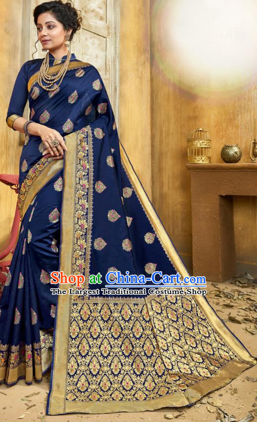 Asian India National Bollywood Deep Blue Silk Saree Costumes Asia Indian Princess Traditional Blouse and Sari Dress for Women