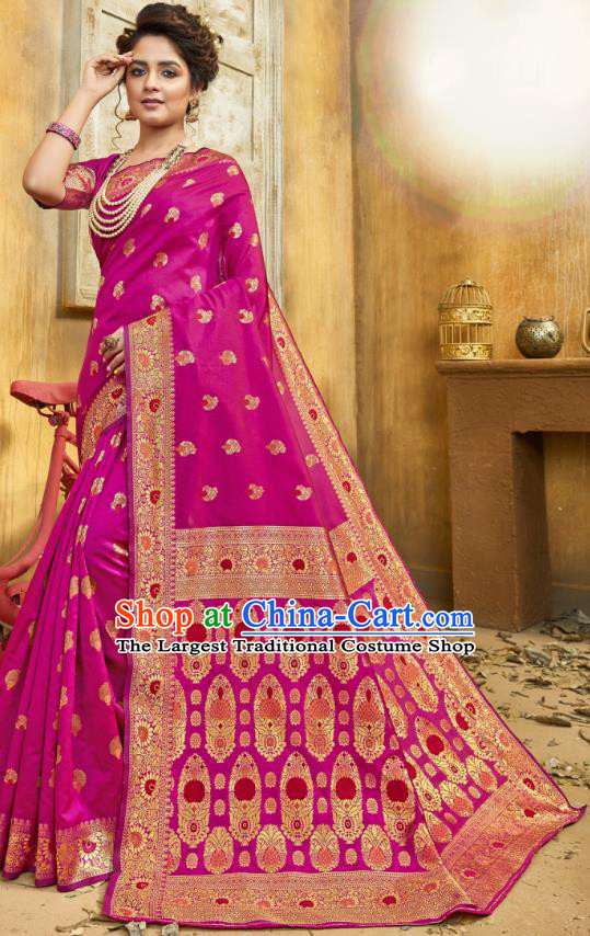Asian India National Bollywood Dance Rosy Silk Saree Costumes Asia Indian Princess Traditional Blouse and Sari Dress for Women