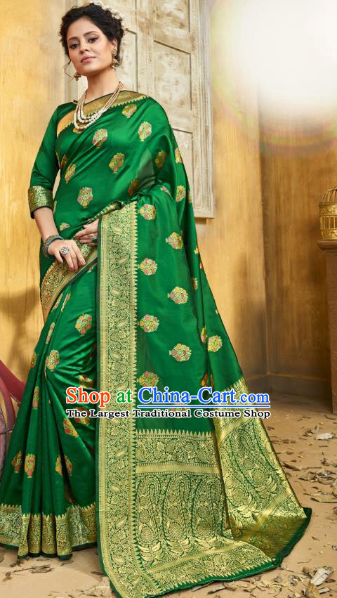 Asian India National Bollywood Dance Green Silk Saree Costumes Asia Indian Princess Traditional Blouse and Sari Dress for Women