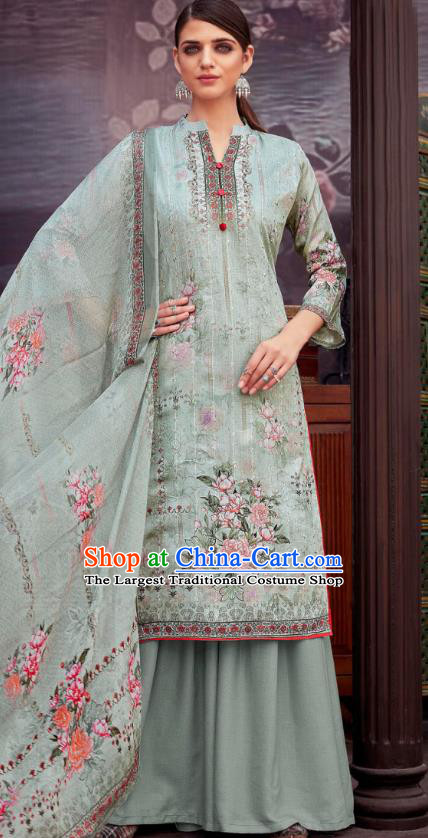 Asian India National Printing Punjab Costumes Asia Indian Traditional Dance Light Blue Cotton Blouse and Loose Pants and Shawl Full Set