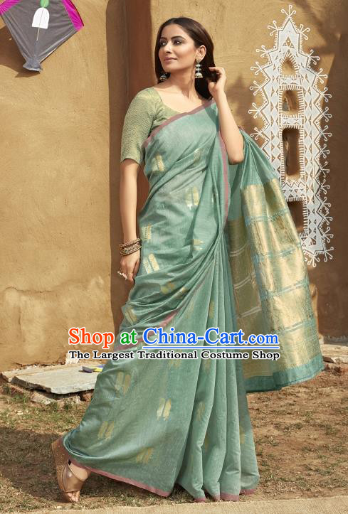 Asian India National Dance Green Linen Saree Costumes Asia Indian Princess Traditional Bollywood Blouse and Sari Dress for Women