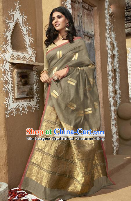 Asian India National Dance Grey Linen Saree Costumes Asia Indian Princess Traditional Bollywood Blouse and Sari Dress for Women
