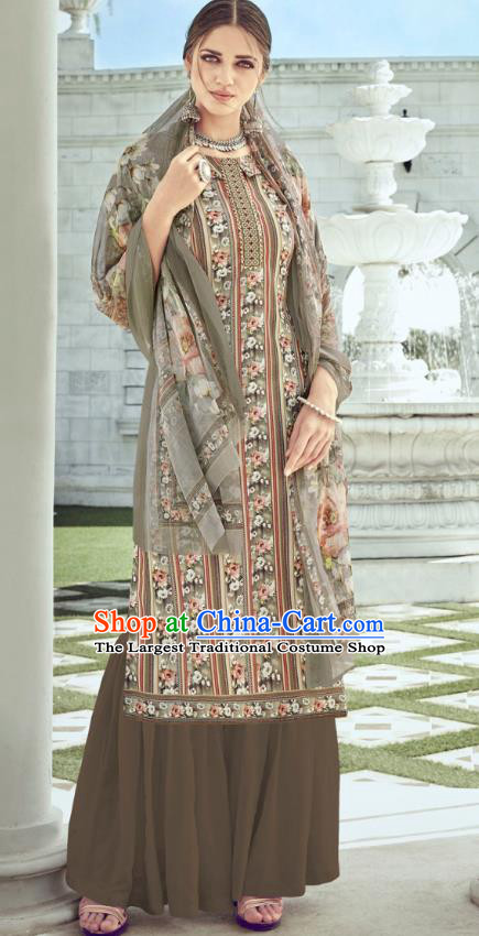 Asian India National Punjab Costumes Asia Indian Traditional Dance Embroidered Brown Muslin Blouse and Loose Pants and Shawl Full Set