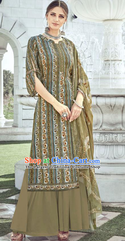 Asian India National Punjab Costumes Asia Indian Traditional Dance Embroidered Khaki Muslin Blouse and Loose Pants and Shawl Full Set