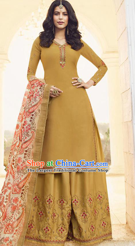 Asian India Court Punjab Costumes Asia Indian Traditional National Dance Embroidered Mustard Satin Blouse and Skirt and Shawl Full Set