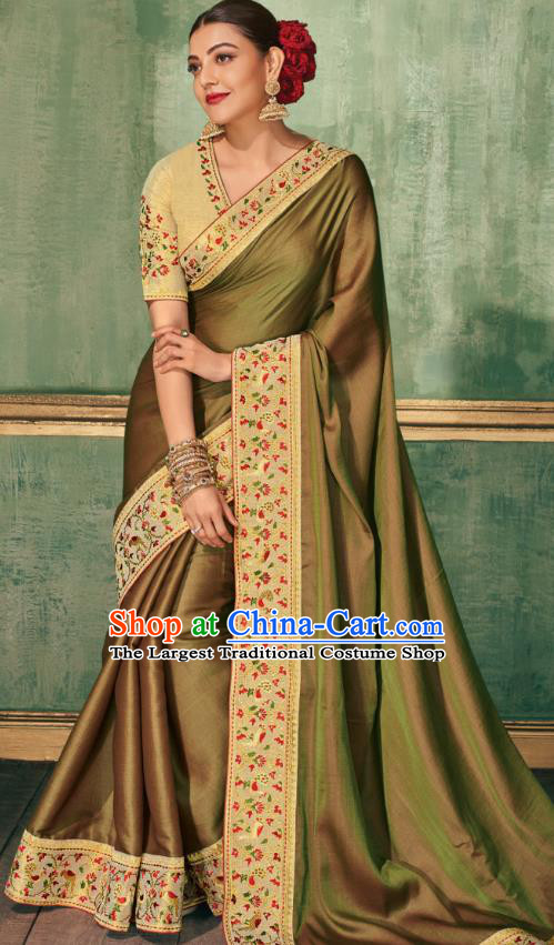 Asian India National Dance Khaki Silk Saree Asia Indian Traditional Costumes Court Princess Bollywood Blouse and Sari Dress for Women