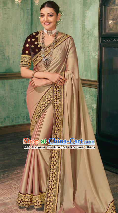 Asian India National Dance Apricot Silk Saree Asia Indian Traditional Costumes Court Princess Bollywood Blouse and Sari Dress for Women