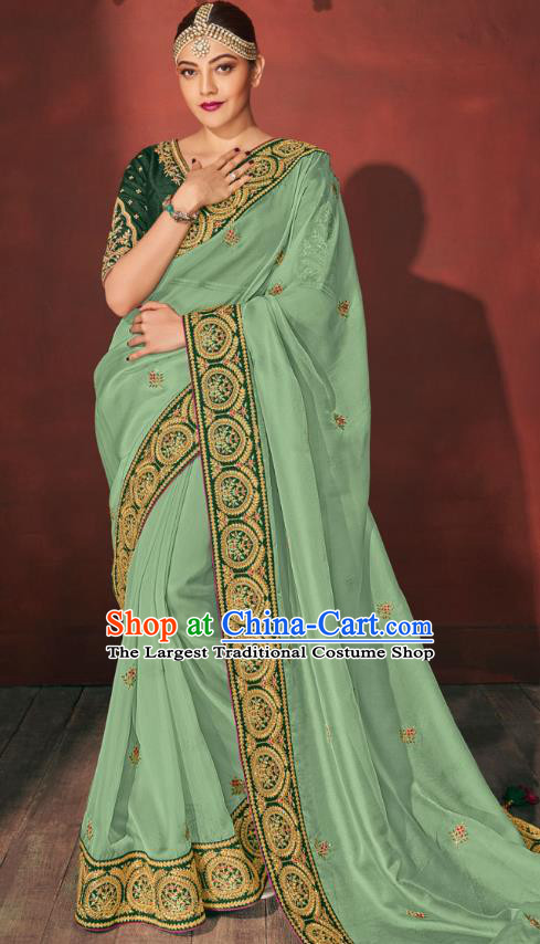 Asian India National Dance Light Green Silk Saree Asia Indian Traditional Costumes Court Princess Bollywood Blouse and Sari Dress for Women