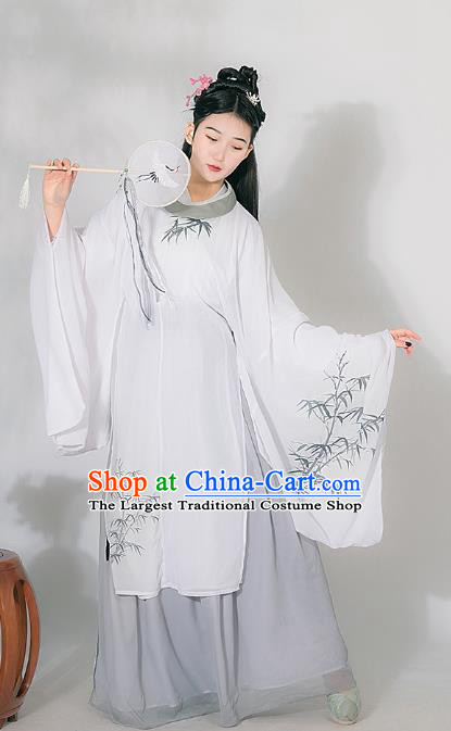 Traditional Chinese Ming Dynasty Historical Costumes Ancient Noble Lady Hanfu Dress Apparel White Robe and Skirt for Women