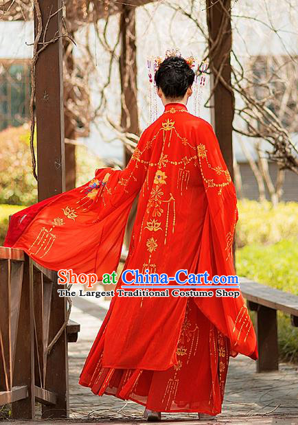Traditional Chinese Jin Dynasty Wedding Historical Costumes Ancient Noble Princess Red Hanfu Dress Apparel Cloak and Blouse Skirt for Women