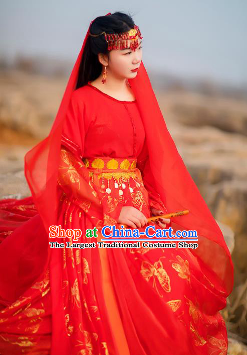 Traditional Chinese Tang Dynasty Princess Historical Costumes Drama Good Bye My Princess Ancient Infanta Qu Xiaofeng Red Hanfu Dress Apparel and Headpieces