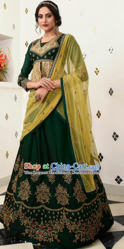 Asian India Wedding Deep Green Silk Lehenga Costumes Asia Indian Traditional Festival Bride Embroidered Blouse and Skirt and Sari Complete Set