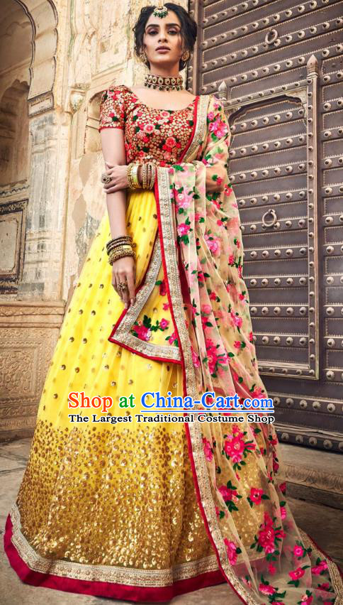 Top Asian India Wedding Lehenga Costumes Asia Indian Traditional Bride Embroidered Red Blouse and Yellow Skirt and Sari Full Set