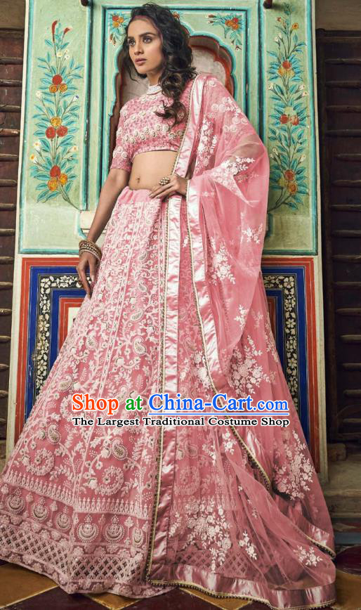 Top Asian India Wedding Lehenga Costumes Asia Indian Traditional Bride Embroidered Pink Blouse and Skirt and Sari Full Set