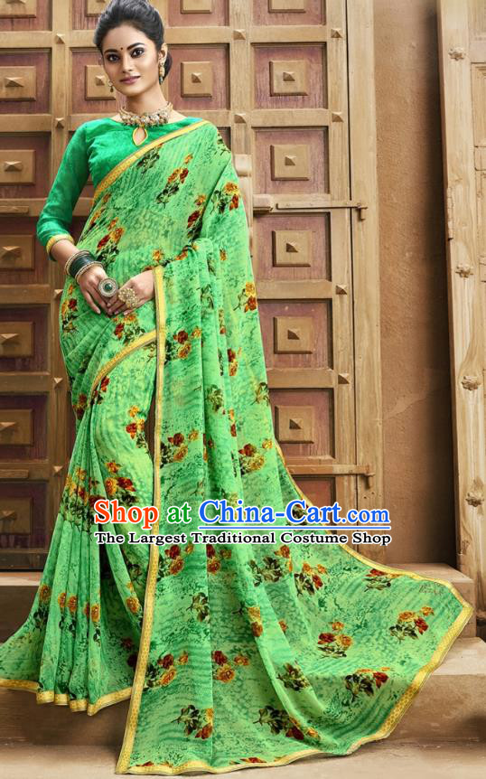 Asian India National Printing Green Georgette Saree Asia Indian Festival Dance Costumes Traditional Female Blouse and Sari Dress Full Set