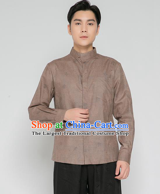 Asian Chinese Traditional Martial Arts Costumes China Kung Fu Outfits Brown Flax Shirt and Black Pants for Men