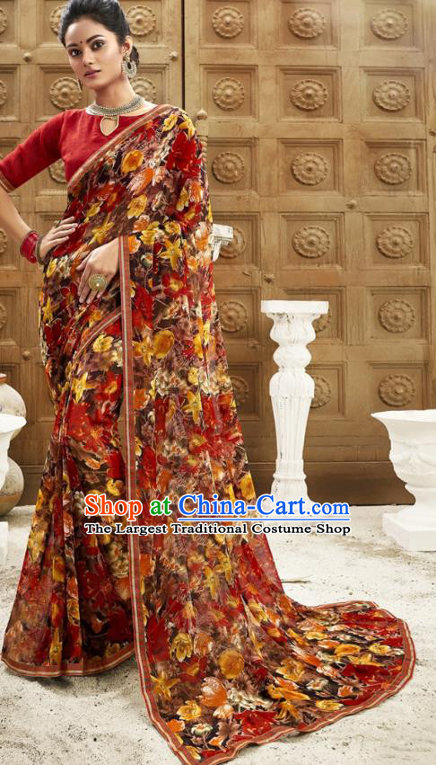 Asian India National Printing Dark Red Georgette Saree Asia Indian Festival Dance Costumes Traditional Female Blouse and Sari Dress Full Set