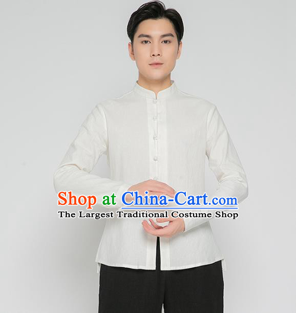 Asian Chinese Traditional White Flax Shirt and Black Pants Martial Arts Costumes China Kung Fu Outfits for Men