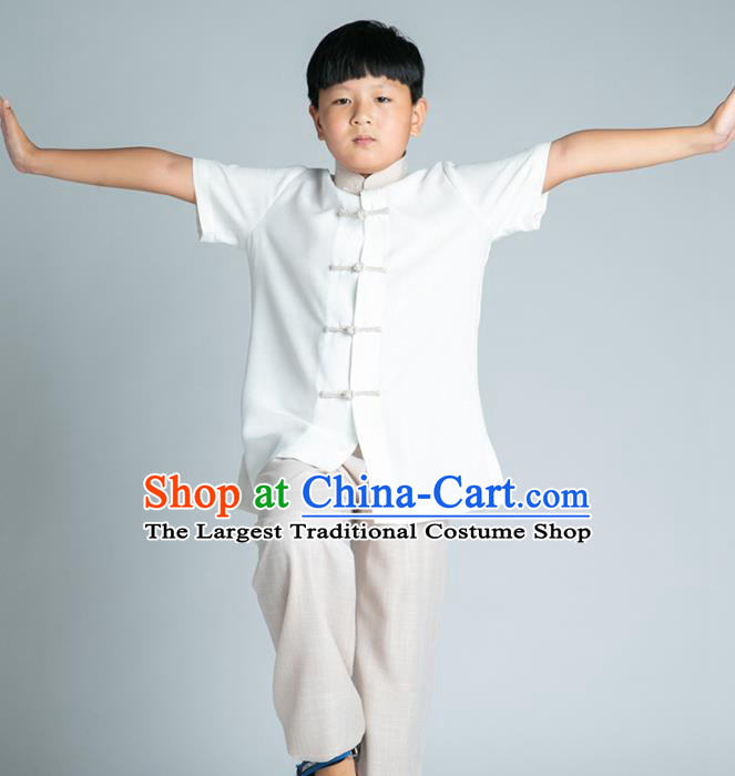 Asian Chinese Traditional Tai Chi White Linen Shirt and Pants Martial Arts Costumes China Kung Fu Outfits for Kids
