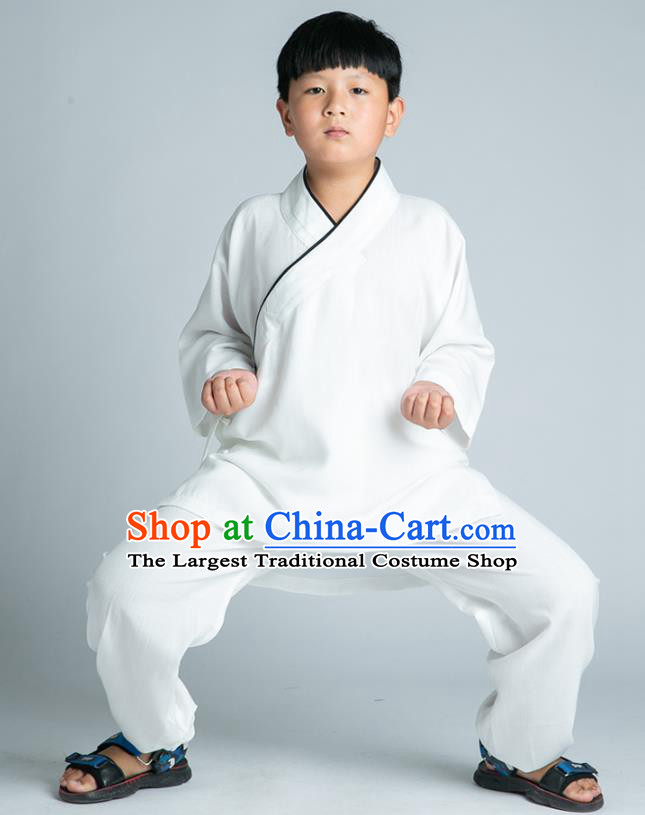 Asian Chinese Traditional Tai Chi Slant Opening White Linen Shirt and Pants Martial Arts Costumes China Kung Fu Outfits for Kids