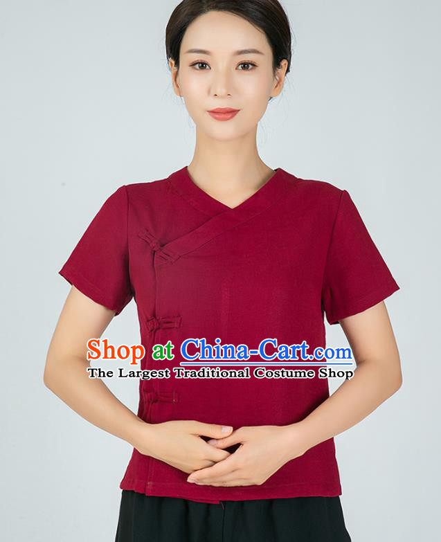 Professional Kung Fu Training Wine Red Flax Blouse Martial Arts Shaolin Gongfu Costumes Tang Suit Tai Ji Upper Outer Garment for Women