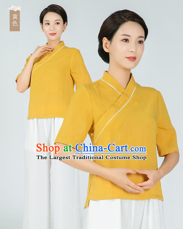 Professional Chinese Tai Chi Yellow Flax Blouse and Pants Outfits Martial Arts Shaolin Gongfu Costumes Kung Fu Training Garment for Women