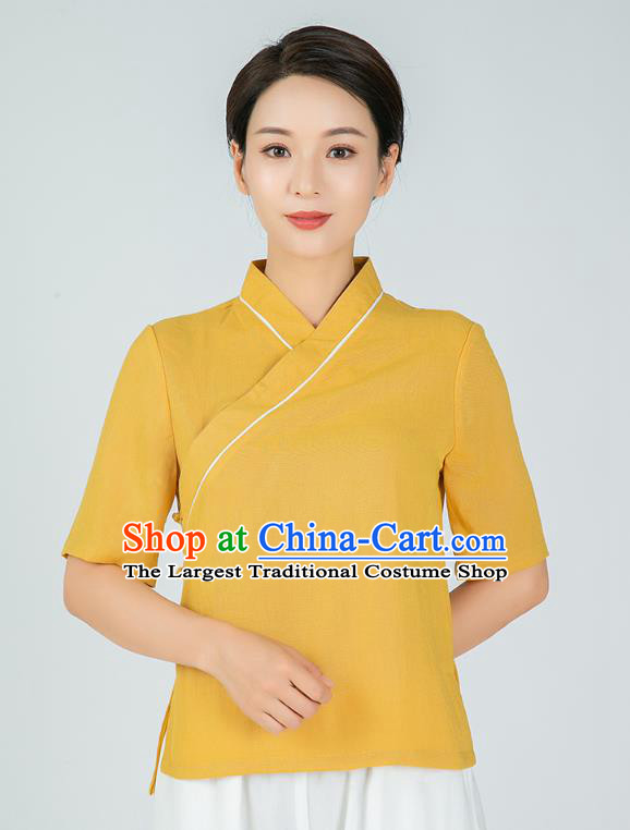 Professional Chinese Tai Chi Yellow Flax Blouse and Pants Outfits Martial Arts Shaolin Gongfu Costumes Kung Fu Training Garment for Women