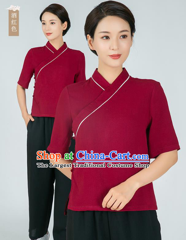 Professional Chinese Tai Chi Wine Red Flax Blouse and Pants Outfits Martial Arts Shaolin Gongfu Costumes Kung Fu Training Garment for Women